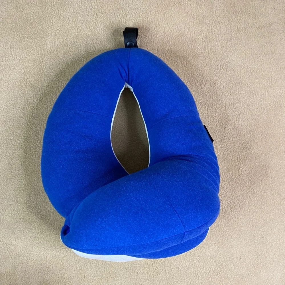 Travel Neck Pillow Memory Foam Neck Support Cushion Blue/White Soft Airplane EUC